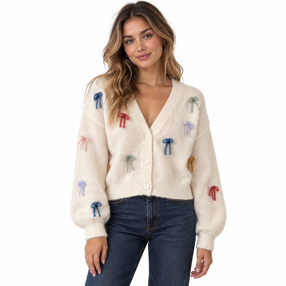 Luna Ivy Bow Cardigan Knit Womens S Cream Cropped Multicolor 3D Bows Coquette
